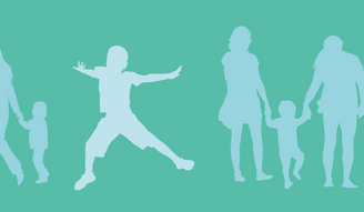 banner graphic of children and families happily walking, holding hands and jumping