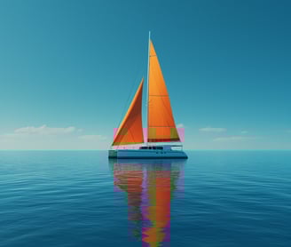 a catamaran in the ocean with a bright orange sailboat
