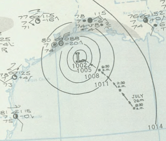 Hand drawn surface analysis of the 1943 Surprise Hurricane near Texas coast