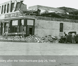 Grocery store damaged after 1943 Surprise Hurricane