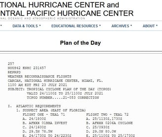 Sample screenshot of previous mission for Hurricane Hunter aircraft from NHC's website.