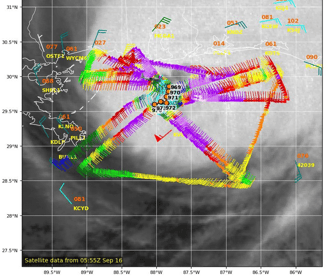 Sample in storm data from hurricane hunter aircraft flying though a hurricane in September 2020