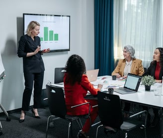 A lady training three other ladies on business growth.