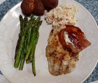 tilapia w bacon, slaw, asparagus and keto hushpuppies