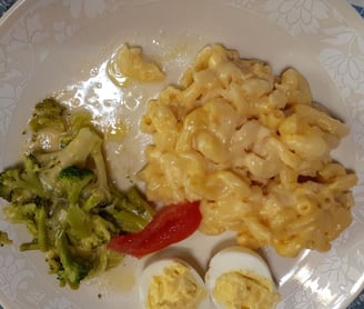 mac and cheese, broccoli, dressed egg