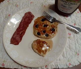 Krusteaz protein pancake and blueberries w turkey bacon and SF syrup