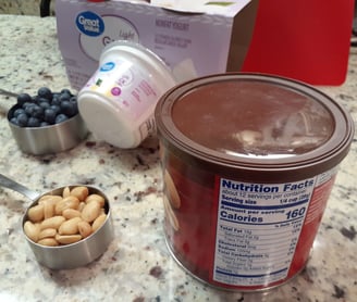 peanuts, yougurt and blueberries for snacks