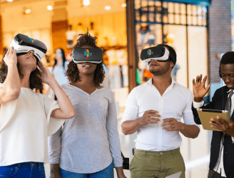 a group of people wearing virtual reality glasses