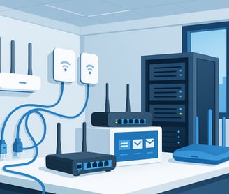 Modern bir ofiste kablosuz erişim noktaları, router’lar ve sunucu raflarıyla tam kurulu bir IT altya