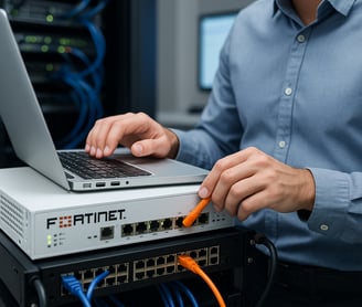 Fortinet firewall cihazı üzerinde çalışan bir uzman, ağ güvenliği ve veri koruma altyapısını yapılan