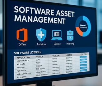 Yazılım envanter yönetimi ekranı açık olan bir monitörde Office, antivirüs ve lisans bilgilerinin li