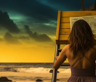 a woman standing on a beach reading a signage