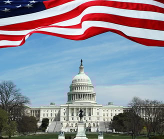 a flag flying in front of a large white building