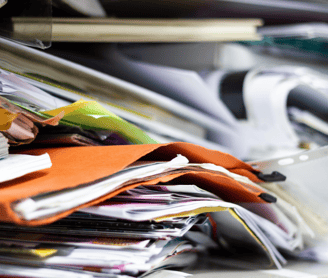 a pile of papers and papers on a desk