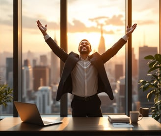 A business owner standing in a modern office, raising their arms in celebration Ribelle Marketing