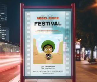 Mockup of woman biker illustration on poster board advertising the "Rebel Rider" film festival