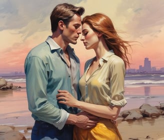  A romantic painting depicting a couple kissing on the beach, capturing the essence of love and connection by the ocean.