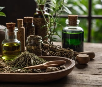 a wooden bowl with a bottle of essential oils