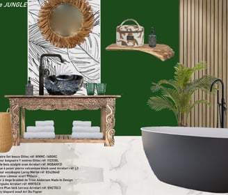 a jungle-style bathroom with original bathtub and mirror / salle de bain style jungle originale