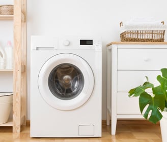 a dog is sitting in front of a washer