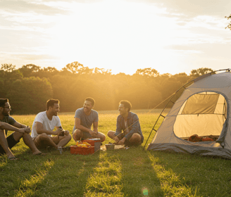 Friends camping in Coleman Sundome cheap camping tent, best budget camping tent for casual campers