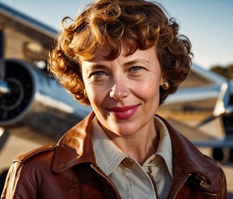 Amelia Earhart stands in front of one of her record breaking planes