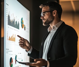 A sales leader in glasses and a black suit points at charts on a large screen while holding a smart device in the other hand.