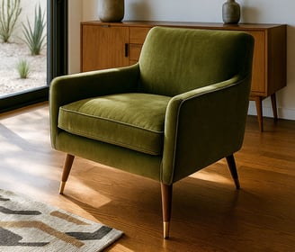 Olive green Mid-Century Modern chair with wood legs and styled rug