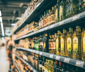 a shelf of olive oil bottles and olive oil