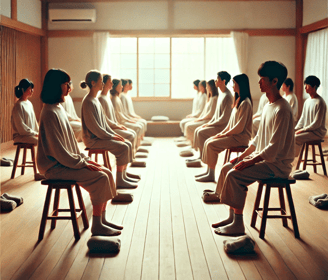 students Primordial Meditating in a Zen room face to face