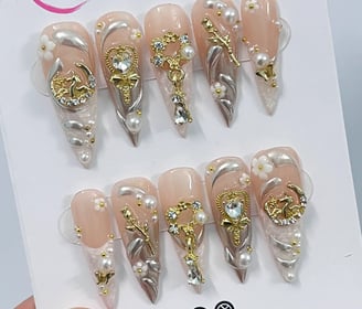 Elegant Pearl French Tip Long Stiletto Press On Nails, Handpainted Fake, False Nail, Christmas Nail Art, Royal Nail Tips