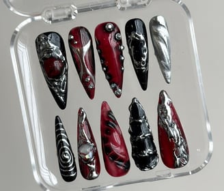 Hand-Painted Free-Style Press On Nails, Silver Metallic Crystal Long Stiletto, Custom Chrome Fake Nails, Gothic Nails