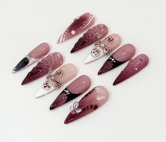 Burgundy Floral 3D Press On Nails, Floral Design with Rhinestones, Floral Accents And Pearl Details, Stylish & Trendy Nail De