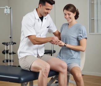 a woman is sitting on a table with a man in a white shirt