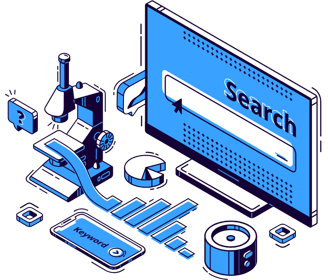 Illustration of SEO tools and elements, including a microscope, charts, and a search bar