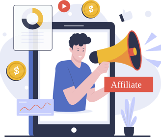 Affiliate marketing illustration with a person holding a megaphone, financial charts, and coins