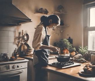 a woman in a kitchen cooking with a pancake