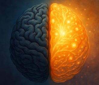 Human brain showing left-right contrast of damage and healing through mindfulness