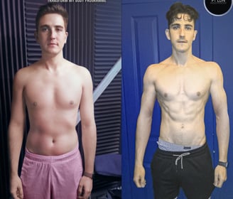 A before and after gym body transformation of a man in his 20s with his top off and more muscle