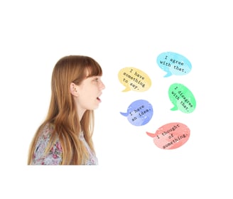 a woman with  speech bubbles