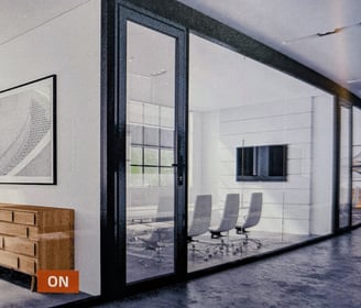 meeting rooms with glass with Smart Film applied in mode on transparency 