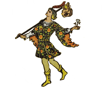 Tarot Fool Card a young man in a florol top holding a white rose and a napsack on a stick
