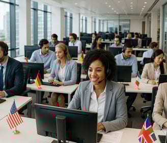 a group of people sitting at desks in a room