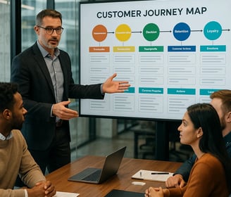 a man in a suit and tie is pointing at a customer journey map