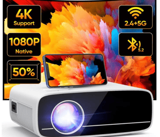 Vidéoprojecteur 4K Supporté, Natif 1080P 5G WiFi Bluetooth Projecteur avec 50% Zoom, AKATUO Mini Pro