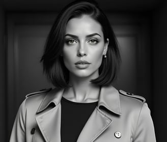 Vivienne Vale in a sleek trench coat, staring ahead in black-and-white, poised and cinematic.