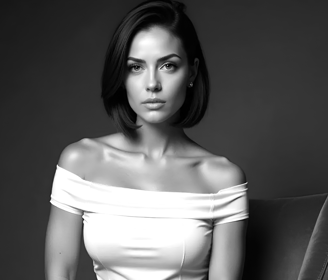 Vivienne Vale seated in a black-and-white portrait, wearing an off-shoulder dress with poised grace.
