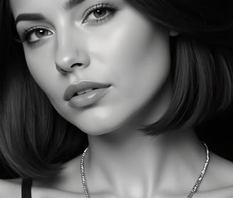 Close-up black-and-white portrait of Vivienne Vale with soft waves, matte lips, and a subtle chain n