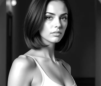 Vivienne Vale in soft black-and-white lighting, framed by an archway, wearing a minimal tank top.