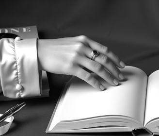 Vivienne Vale’s hand with a ring hovers over a journal on satin with soft shadows.